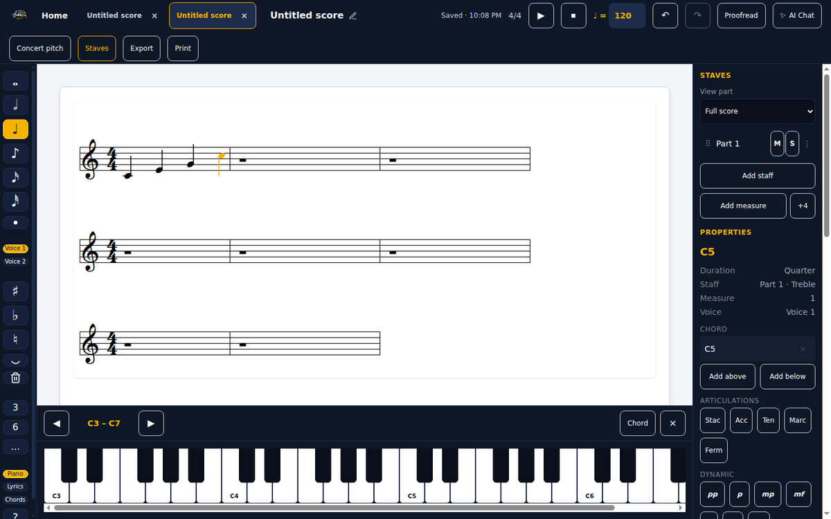 The StaffWeaver editor: a toolbar across the top, the note palette down the left edge, a treble-clef score with four quarter notes, the piano keyboard open along the bottom, and the staves and properties panel on the right.