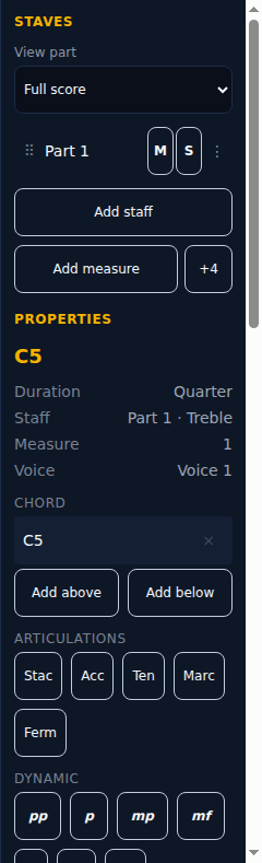 The right-hand panel with a C5 quarter note selected, showing its duration, staff, measure and voice, a chord section with add above and add below, articulation buttons, and a row of dynamics.